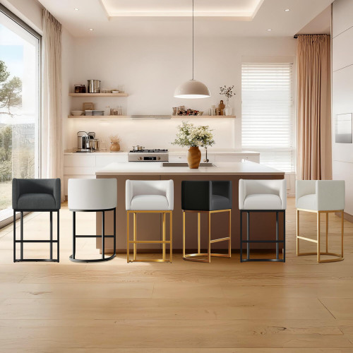 26" Modern Counter Height Bar Stools,PU Leather Upholstered Barrel Barstools with Backs,Island Chairs Bar Stools Set of 1,Beige White Leather