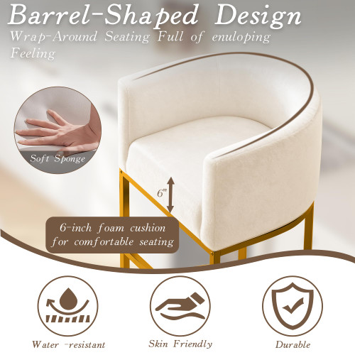 26" Modern Counter Height Bar Stools,Velvet Fabric Upholstered Barrel Barstools with Backs,Island Chairs bar stools Set of 1,Metal Gold Frames,Beige White Velvet