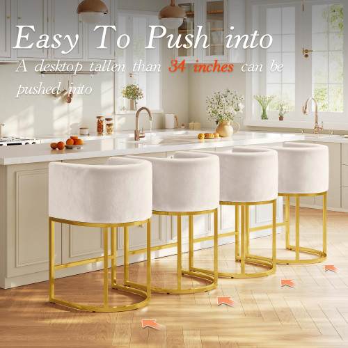 26" Modern Counter Height Bar Stools,Velvet Fabric Upholstered Barrel Barstools with Backs,Island Chairs bar stools Set of 1,Metal Gold Frames,Beige White Velvet