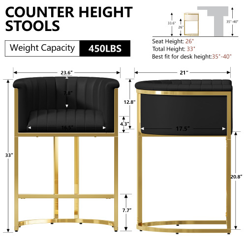 Modern Counter Height Bar Stools,Bar Stools Set of 1,PU Leather Upholstered Barrel Barstools with Backs and Arms,26'' Kitchen Island Chairs,Mirror Champagne Gold Base,Ink Black Leather