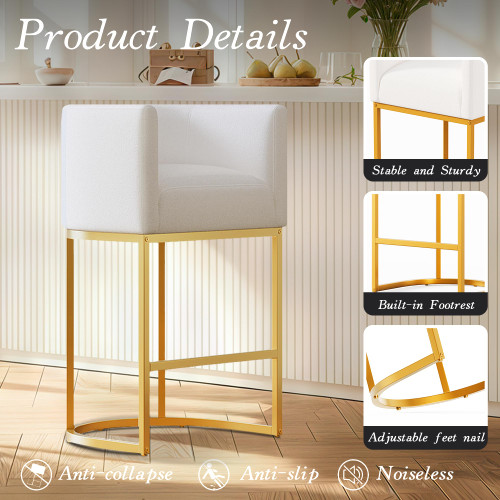 26" Modern Counter Height Bar Stools,Fabric Upholstered Barrel Barstools with Backs,Island Chairs bar stools Set of 1,Metal Gold Frames,Off White Linen