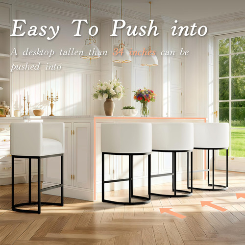 Modern Counter Height Bar Stools,Bar Stools Set of 2,PU Leather Upholstered Barrel Barstools with Backs,24'' Kitchen Island Chairs,Metal Black Frames,Beige White Leather