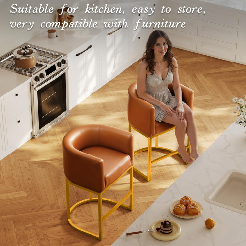 Modern Counter Height Bar Stools,Bar Stools Set of 2,PU Leather Upholstered Barrel Barstools with Backs,24'' Kitchen Island Chairs,Metal Gold Frames,Camel Brown Leather