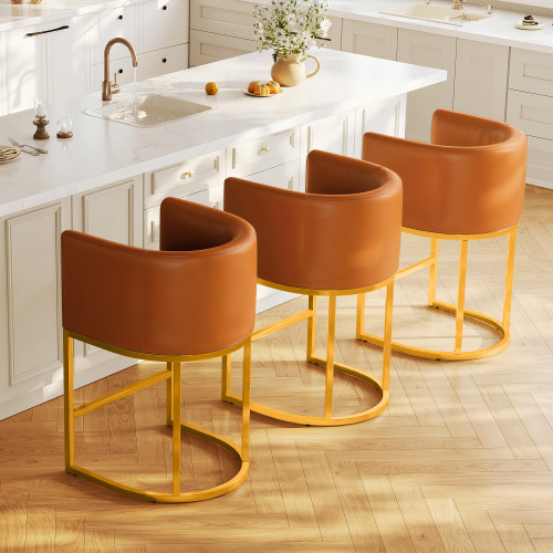 Modern Counter Height Bar Stools,Bar Stools Set of 2,PU Leather Upholstered Barrel Barstools with Backs,24'' Kitchen Island Chairs,Metal Gold Frames,Camel Brown Leather