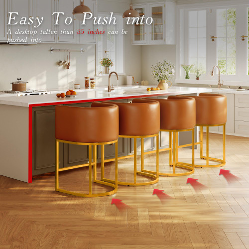 Modern Counter Height Bar Stools,Bar Stools Set of 2,PU Leather Upholstered Barrel Barstools with Backs,24'' Kitchen Island Chairs,Metal Gold Frames,Camel Brown Leather