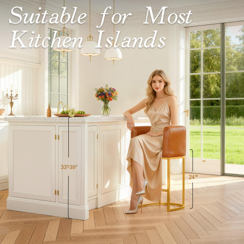 Modern Counter Height Bar Stools,Bar Stools Set of 2,PU Leather Upholstered Barrel Barstools with Backs,24'' Kitchen Island Chairs,Metal Gold Frames,Camel Brown Leather