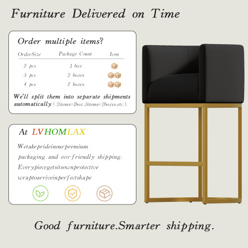 Modern Counter Height Bar Stools,Bar Stools Set of 2,PU Leather Upholstered Barrel Barstools with Backs,24'' Kitchen Island Chairs,Metal Gold Frames,Ink Black Leather