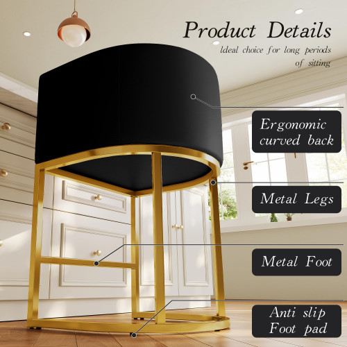 Modern Counter Height Bar Stools,Bar Stools Set of 2,PU Leather Upholstered Barrel Barstools with Backs,24'' Kitchen Island Chairs,Metal Gold Frames,Ink Black Leather