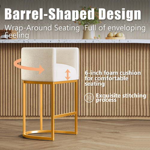 Modern Counter Height Bar Stools,Bar Stools Set of 2,Fabric Upholstered Barrel Barstools with Backs,24'' Kitchen Island Chairs,Metal Gold Frames,Off White Linen