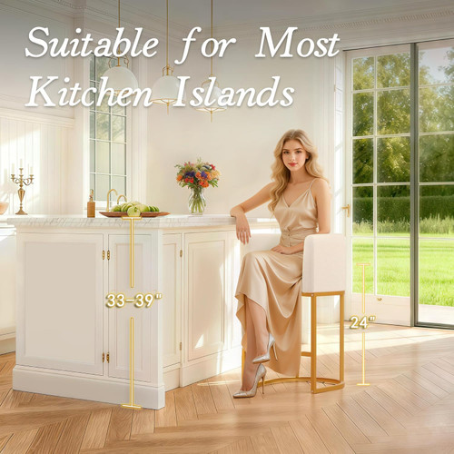 Modern Counter Height Bar Stools,Bar Stools Set of 2,Fabric Upholstered Barrel Barstools with Backs,24'' Kitchen Island Chairs,Metal Gold Frames,Off White Linen