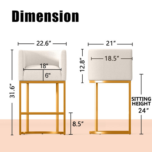Modern Counter Height Bar Stools,Bar Stools Set of 2,Fabric Upholstered Barrel Barstools with Backs,24'' Kitchen Island Chairs,Metal Gold Frames,Off White Linen