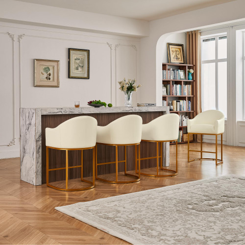 Counter Height Bar Stools Set of 2,Modern Counter Height Bar Stools,PU Leather Upholstered Barrel Barstools with Backs,26'' Kitchen Island Chairs,Metal Gold Frames,Beige White Leather