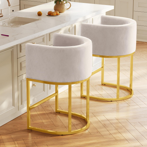 Modern Counter Height Bar Stools,Bar Stools Set of 2,Velvet Fabric Upholstered Barrel Barstools with Backs,26'' Kitchen Island Chairs,Metal Gold Frames,Beige White Velvet
