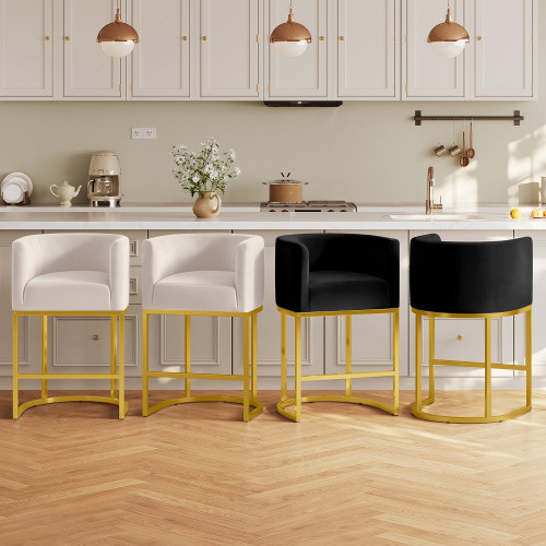 Modern Counter Height Bar Stools,Bar Stools Set of 2,Velvet Fabric Upholstered Barrel Barstools with Backs,26'' Kitchen Island Chairs,Metal Gold Frames,Ink Black Velvet