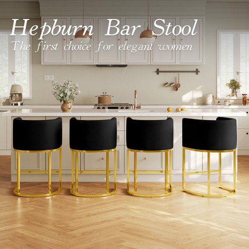 Modern Counter Height Bar Stools,Bar Stools Set of 2,Velvet Fabric Upholstered Barrel Barstools with Backs,26'' Kitchen Island Chairs,Metal Gold Frames,Ink Black Velvet