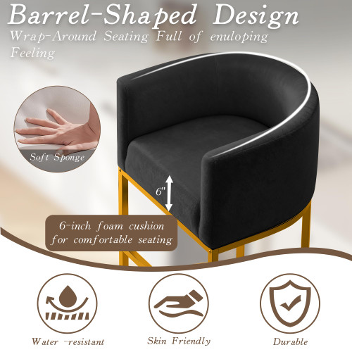 Modern Counter Height Bar Stools,Bar Stools Set of 2,Velvet Fabric Upholstered Barrel Barstools with Backs,26'' Kitchen Island Chairs,Metal Gold Frames,Ink Black Velvet