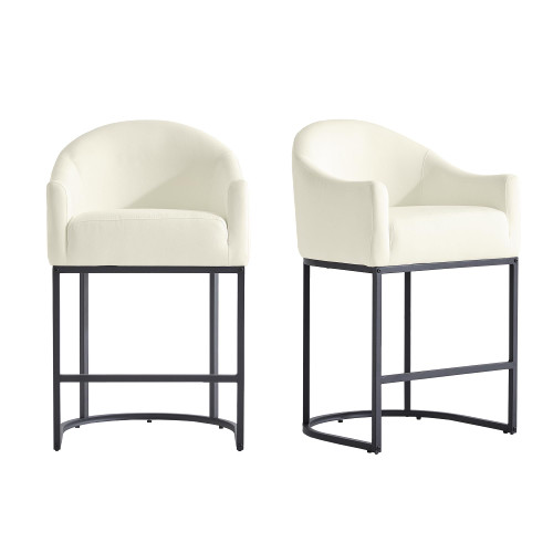 Counter Height Bar Stools Set of 2,Modern Counter Height Bar Stools,Fabric Upholstered Barrel Barstools with Backs,26'' Kitchen Island Chairs,Metal Black Frames,Off White Linen
