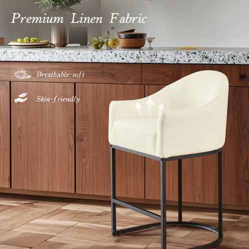 Counter Height Bar Stools Set of 2,Modern Counter Height Bar Stools,Fabric Upholstered Barrel Barstools with Backs,26'' Kitchen Island Chairs,Metal Black Frames,Off White Linen