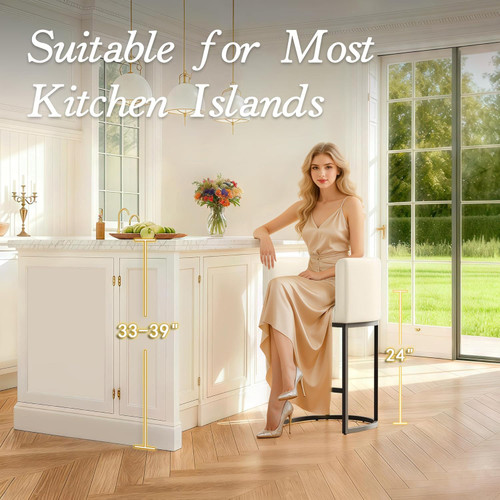 Modern Counter Height Bar Stools,Bar Stools Set of 3,PU Leather Upholstered Barrel Barstools with Backs,24'' Kitchen Island Chairs,Metal Black Frames,Beige White Leather