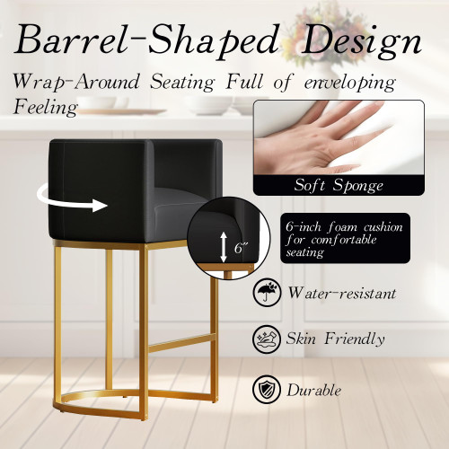 Modern Counter Height Bar Stools,Bar Stools Set of 3,PU Leather Upholstered Barrel Barstools with Backs,24'' Kitchen Island Chairs,Metal Gold Frames,Ink Black Leather