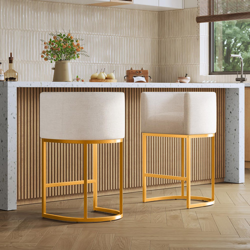 Modern Counter Height Bar Stools,Bar Stools Set of 3,Fabric Upholstered Barrel Barstools with Backs,24'' Kitchen Island Chairs,Metal Gold Frames,Off White Linen