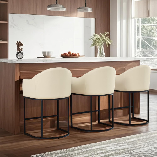 Counter Height Bar Stools Set of 3,Modern Counter Height Bar Stools,PU Leather Upholstered Barrel Barstools with Backs,26'' Kitchen Island Chairs,Metal Black Frames,Beige White Leather