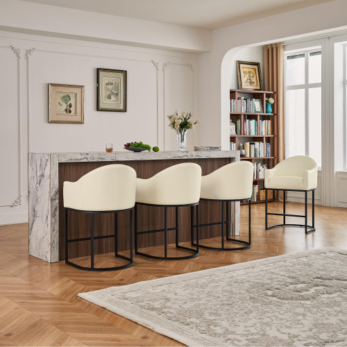 Counter Height Bar Stools Set of 3,Modern Counter Height Bar Stools,PU Leather Upholstered Barrel Barstools with Backs,26'' Kitchen Island Chairs,Metal Black Frames,Beige White Leather