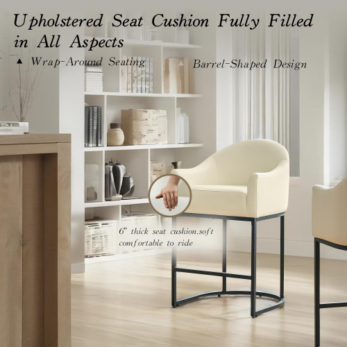 Counter Height Bar Stools Set of 3,Modern Counter Height Bar Stools,PU Leather Upholstered Barrel Barstools with Backs,26'' Kitchen Island Chairs,Metal Black Frames,Beige White Leather