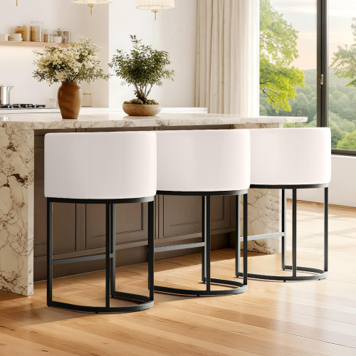 Modern Counter Height Bar Stools,Bar Stools Set of 3,PU Leather Upholstered Barrel Barstools with Backs,26'' Kitchen Island Chairs,Metal Black Frames,Beige White Leather