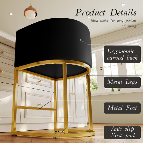 Modern Counter Height Bar Stools,Bar Stools Set of 3,PU Leather Upholstered Barrel Barstools with Backs,26'' Kitchen Island Chairs,Metal Gold Frames,Black Leather