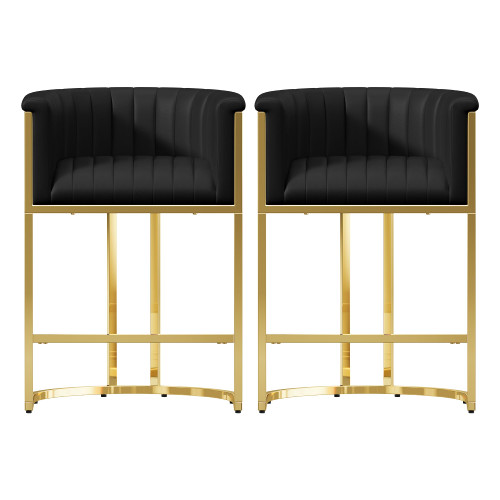 Modern Counter Height Bar Stools,Bar Stools Set of 3,PU Leather Upholstered Barrel Barstools with Backs and Arms,26'' Kitchen Island Chairs,Mirror Champagne Gold Base,Ink Black Leather