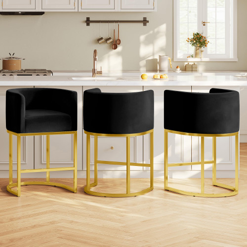 Modern Counter Height Bar Stools,Bar Stools Set of 3,Velvet Fabric Upholstered Barrel Barstools with Backs,26'' Kitchen Island Chairs,Metal Gold Frames,Ink Black Velvet
