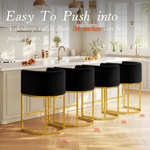 Modern Counter Height Bar Stools,Bar Stools Set of 3,Velvet Fabric Upholstered Barrel Barstools with Backs,26'' Kitchen Island Chairs,Metal Gold Frames,Ink Black Velvet