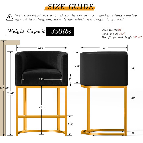 Modern Counter Height Bar Stools,Bar Stools Set of 3,Velvet Fabric Upholstered Barrel Barstools with Backs,26'' Kitchen Island Chairs,Metal Gold Frames,Ink Black Velvet