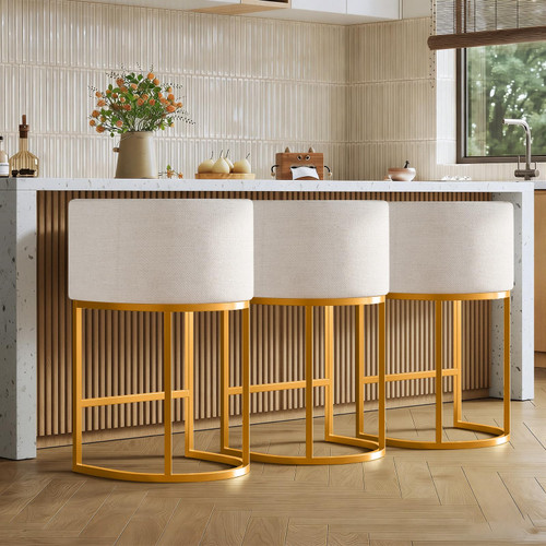 Modern Counter Height Bar Stools,Bar Stools Set of 3,Fabric Upholstered Barrel Barstools with Backs,26'' Kitchen Island Chairs,Metal Gold Frames,Off White Linen