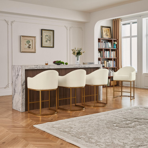 Counter Height Bar Stools Set of 3,Modern Counter Height Bar Stools,Fabric Upholstered Barrel Barstools with Backs,26'' Kitchen Island Chairs,Metal Gold Frames,Off White Linen