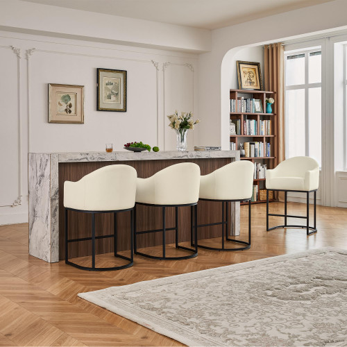 Counter Height Bar Stools Set of 3,Modern Counter Height Bar Stools,Fabric Upholstered Barrel Barstools with Backs,26'' Kitchen Island Chairs,Metal Black Frames,Off White Linen