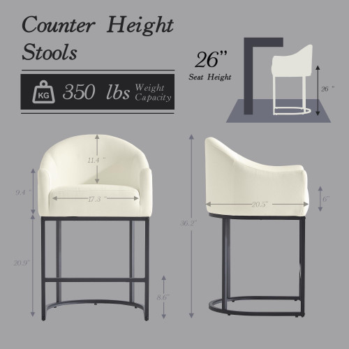 Counter Height Bar Stools Set of 3,Modern Counter Height Bar Stools,Fabric Upholstered Barrel Barstools with Backs,26'' Kitchen Island Chairs,Metal Black Frames,Off White Linen