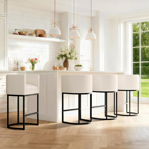 Modern Counter Height Bar Stools,Bar Stools Set of 4,PU Leather Upholstered Barrel Barstools with Backs,24'' Kitchen Island Chairs,Metal Black Frames,Beige White Leather