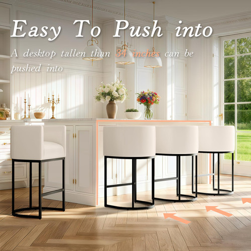 Modern Counter Height Bar Stools,Bar Stools Set of 4,PU Leather Upholstered Barrel Barstools with Backs,24'' Kitchen Island Chairs,Metal Black Frames,Beige White Leather