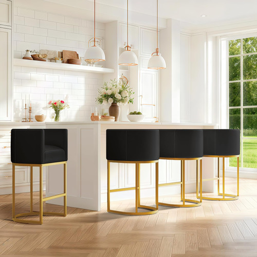 Modern Counter Height Bar Stools,Bar Stools Set of 4,PU Leather Upholstered Barrel Barstools with Backs,24'' Kitchen Island Chairs,Metal Gold Frames,Ink Black Leather