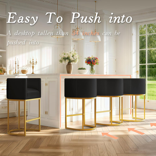 Modern Counter Height Bar Stools,Bar Stools Set of 4,PU Leather Upholstered Barrel Barstools with Backs,24'' Kitchen Island Chairs,Metal Gold Frames,Ink Black Leather