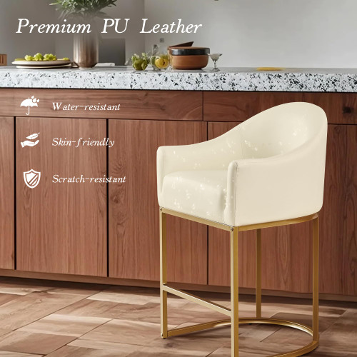 Counter Height Bar Stools Set of 4,Modern Counter Height Bar Stools,PU Leather Upholstered Barrel Barstools with Backs,26'' Kitchen Island Chairs,Metal Gold Frames,Beige White Leather
