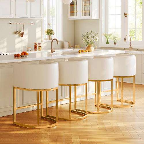 Modern Counter Height Bar Stools,Bar Stools Set of 4,PU Leather Upholstered Barrel Barstools with Backs,26'' Kitchen Island Chairs,Metal Gold Frames,Beige White Leather