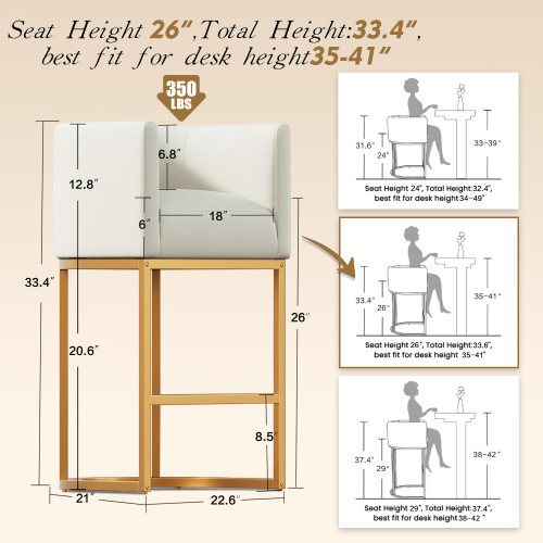 Modern Counter Height Bar Stools,Bar Stools Set of 4,PU Leather Upholstered Barrel Barstools with Backs,26'' Kitchen Island Chairs,Metal Gold Frames,Beige White Leather