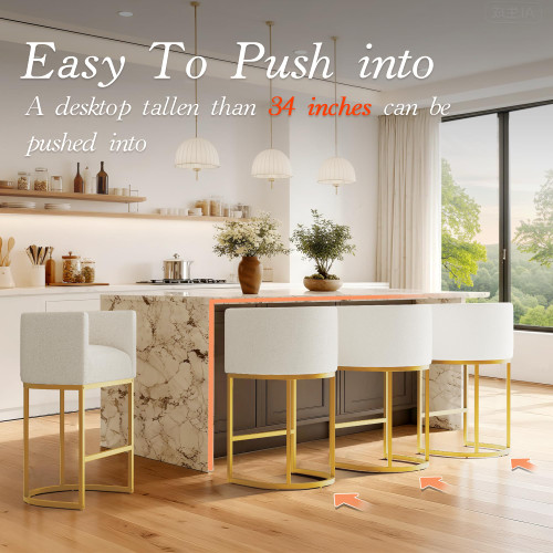 Modern Counter Height Bar Stools,Bar Stools Set of 4,Fabric Upholstered Barrel Barstools with Backs,26'' Kitchen Island Chairs,Metal Gold Frames,Off White Linen