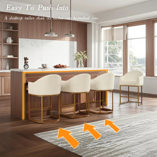 Counter Height Bar Stools Set of 4,Modern Counter Height Bar Stools,Fabric Upholstered Barrel Barstools with Backs,26'' Kitchen Island Chairs,Metal Gold Frames,Off White Linen