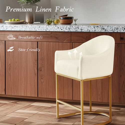 Counter Height Bar Stools Set of 4,Modern Counter Height Bar Stools,Fabric Upholstered Barrel Barstools with Backs,26'' Kitchen Island Chairs,Metal Gold Frames,Off White Linen