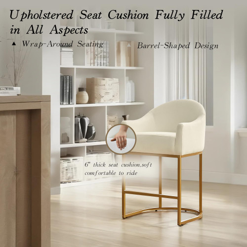 Counter Height Bar Stools Set of 4,Modern Counter Height Bar Stools,Fabric Upholstered Barrel Barstools with Backs,26'' Kitchen Island Chairs,Metal Gold Frames,Off White Linen
