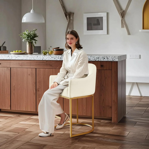 Counter Height Bar Stools Set of 4,Modern Counter Height Bar Stools,Fabric Upholstered Barrel Barstools with Backs,26'' Kitchen Island Chairs,Metal Gold Frames,Off White Linen